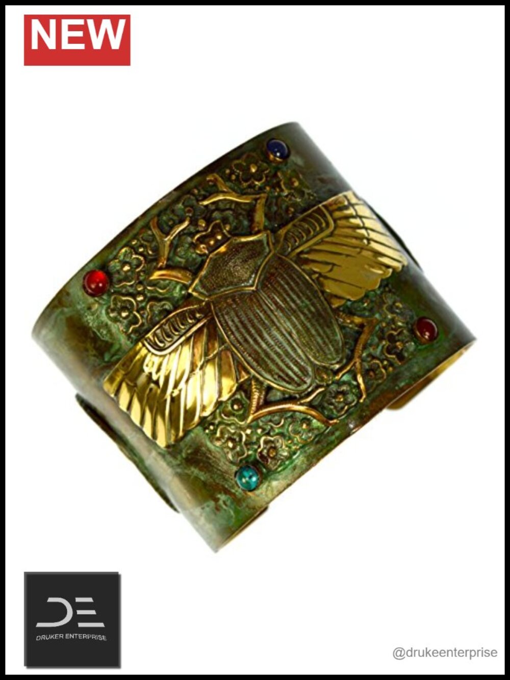 Handmade Egyptian Motif Wide Cuff Bracelet, Patina Solid Brass, 2-Inch